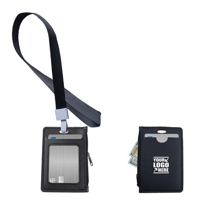 Stylish 1 Side Zipper PU Leather Card Case with Lanyard