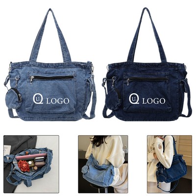 14.9 X 10.2" Denim Zippered Tote Bag W/ Shoulder Strap