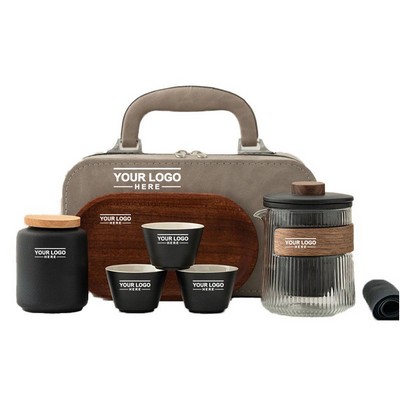 Outdoor Ceramic Tea Set with Wood Tray