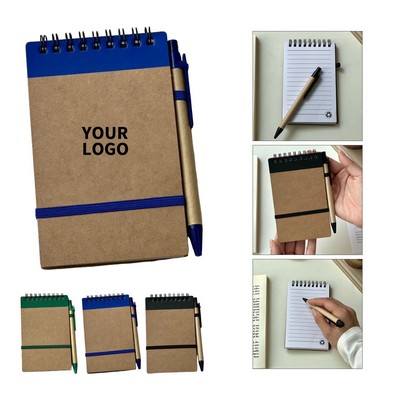 Pocket Size Kraft Paper Coil Bound Mini Jotter With Matching Pen