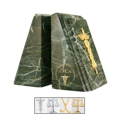 Jade Leaf Green Tapered Marble Book Ends with Golf Emblem & Fancy Bevel