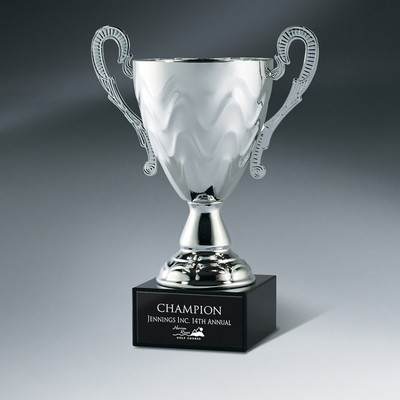 Small Bright Silver Metal Cup on Marble Base w/Black Lasered Plate