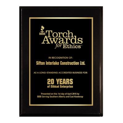 10 1/2" x 13" High Gloss Black Finish Plaque w/ Laser Engraved Plate and Back Plate