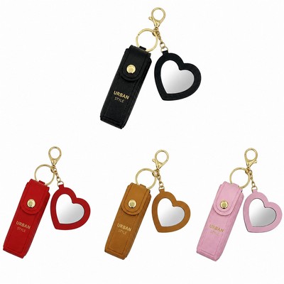 PU Leather Lipstick Holder Keychain with Heart Mirror Charm