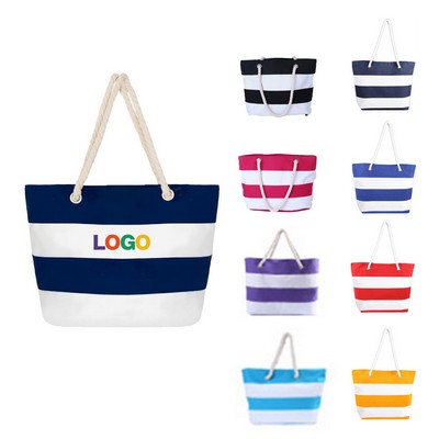 Striped Canvas Shoulder Tote Bag with Sturdy Rope Handles