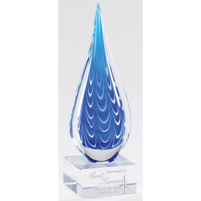 10" Blue and White Tear Drop Art Glass on Clear Glass Base