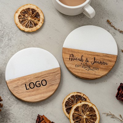 4" Marble Coaster Wood Base Heat Resistant