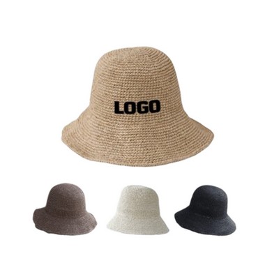 Embroidered Woven Straw Sun Protection Bucket Hat