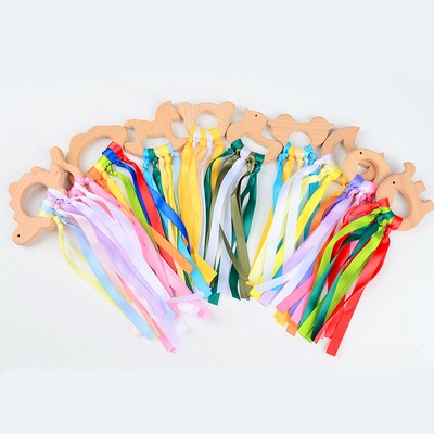 Montessori Colorful Beech Wood Teether Toy Natural Beechwood Sensory Ring with Satin Ribbons