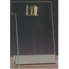 Clear Glass Plaque Award w/Gold Flag Accent, Gold Plastic Mounts & Base (7"x9.5")