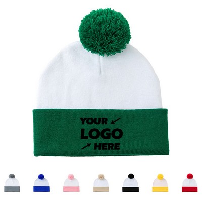 Pom Pom Cuff Two Tone Beanie