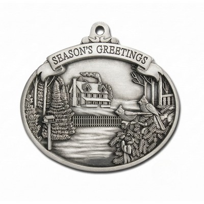 Full Size Stock Design Season's Greetings Outdoor Winter Scene Pewter Ornament