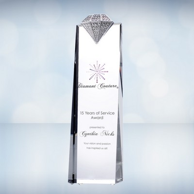9 1/4" Color Imprinted Luxury Diamond Tower Optical Crystal Award w/ Metal Diamond