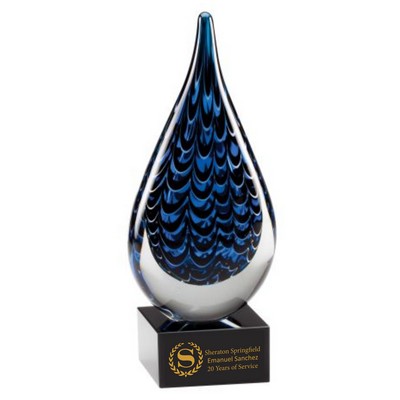 9 1/2" Blue and Black Tear Drop Art Glass on Black Glass Base