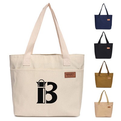 Zipper Top Canvas Tote Bag w/ Front Pocket