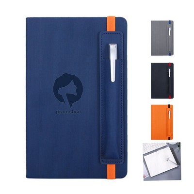 A5 Lined PU Leather Hardcover Notebook W/ Pen Holder