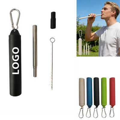 Stainless Straw With Wheat Case Keychain Set