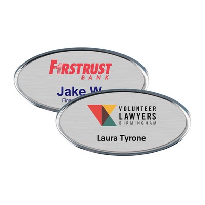 2 3/8" x 1 1/8" Silver Framed Oval Name Badge w/Full Color Imprint & Personalization