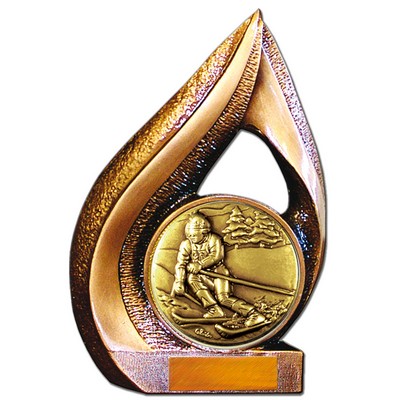 Stock 9" Flame Trophy with 2" Skiing Coin and Engraving Plate