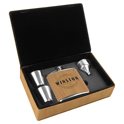 Laserable Bamboo Leatherette 6 Oz. Flask Gift Set