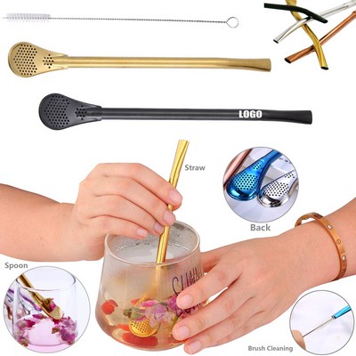 Reusable Stainless Steel Straws with Strainer Spoon Set