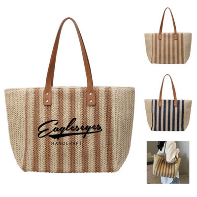 Handwoven Striped Beach Tote Bag with Top Zip & Inner Pocket