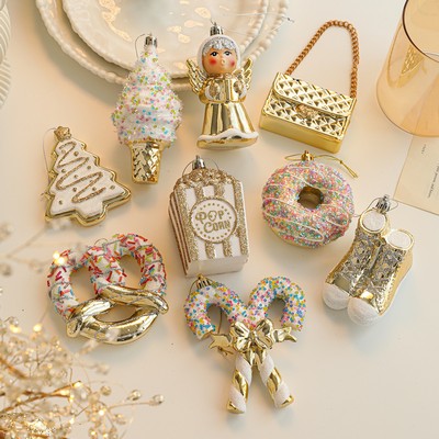 Gold Glitter Plastic Hanging Ornament Cartoon Style Christmas Tree and Window Decoration