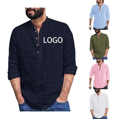 Stand Collar Cotton Linen Shirt (M-3XL)