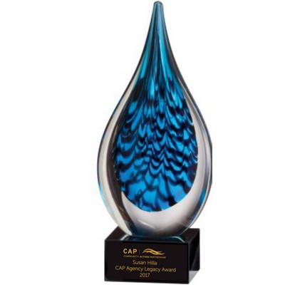 10" Blue and Black Tear Drop Art Glass on Black Glass Base