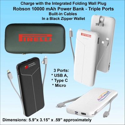 Robson 10000 mAh Power Bank, Integrated Wall Plug&Charging Cables, Black Zipper