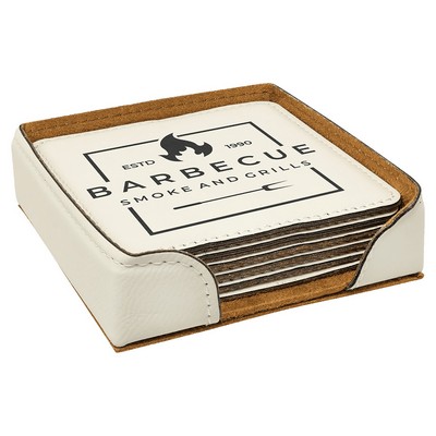 Square Coaster Set with 6 pcs, White Faux Leather, Engraved, 4" x 4"