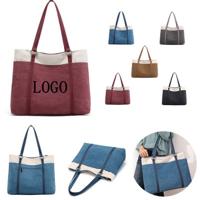 Large Structured Canvas PU Laptop Commuter Tote