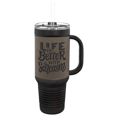 Polar Camel 40 oz. Black with Gray Laserable Leatherette Travel Mug with a Handle & Straw