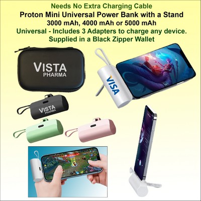Proton Mini Universal Power Bank with integrated stand,Black Zipper Wallet 3000 mAh