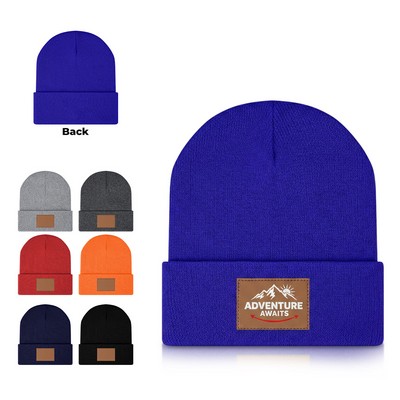 Custom PU Leather Patch Cuffed Knit Beanie