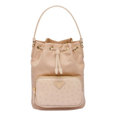 Prada Duet Tessuto Nylon Ostrich Leather Cammeo Beige Bucket Bag