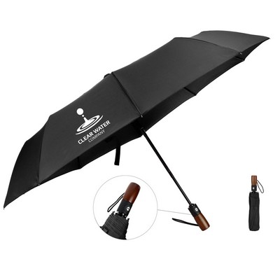 46" Arc Auto Open Wooden Handle Folding Umbrella
