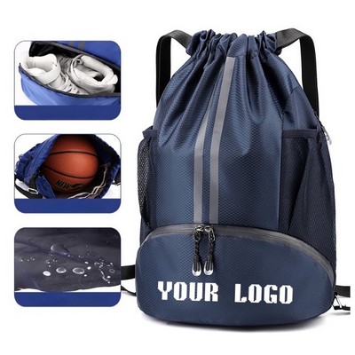 Drawstring Backpack with Shoe Compartment & Front Zipper