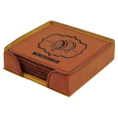 Square Coaster Set with 6 pcs, Rawhide Faux Leather, Engraved, 4" x 4"
