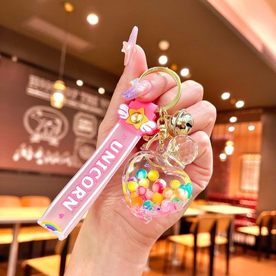 Pink Heart Perfume Bottle Key ring with seven colored beads