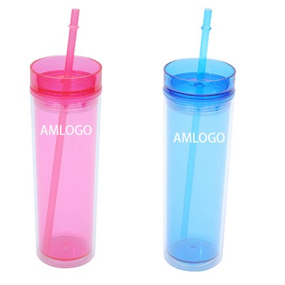 Double-Wall Insulated Plastic Tumbler with Built-In Straw