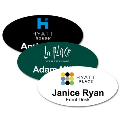 3" x 1 1/2" Glossy Oval Plastic Name Badge w/Full Color Imprint & Personalization