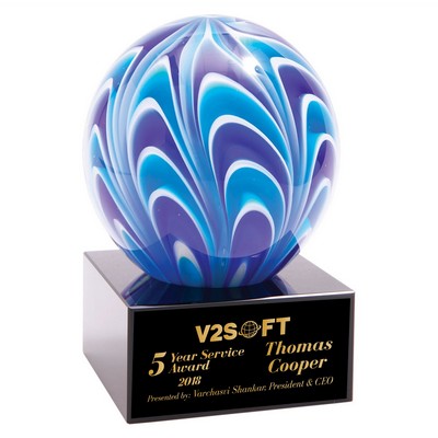 5" Blue and White Art Glass Sphere on Black Crystal Base