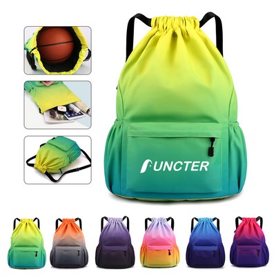 13 x 19" Gradient Color Drawstring Backpack with Side Pocket, Large Capacity Waterproof Sports Bag