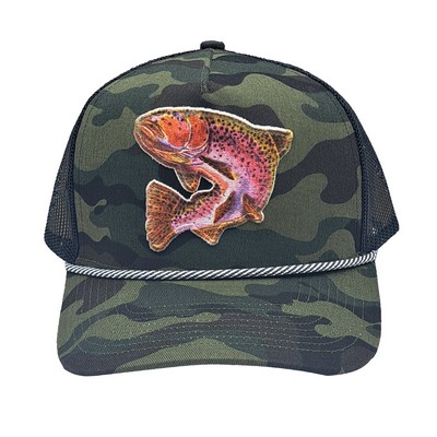 5-Panel Camo Trucker Hat with Hybrid Print-on-Embroidery Rainbow Trout Patch