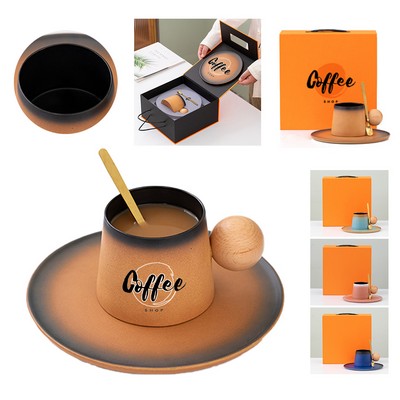 Ceramic Coffee Cup Set with Wooden Ball Handle