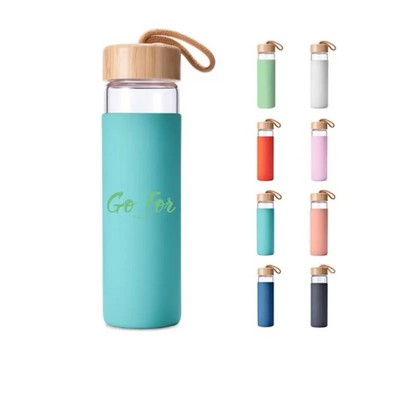 18Oz Glass Water Bottle with Bamboo Lid and Silicone Sleeve