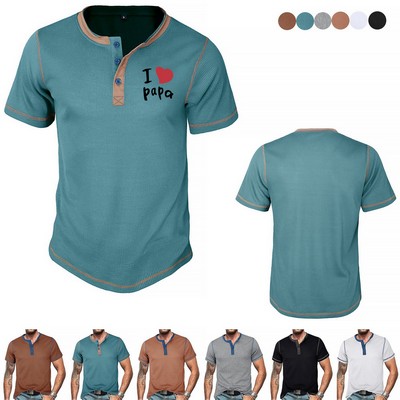 Summer Retro Waffle Color Block Henley T-shirt