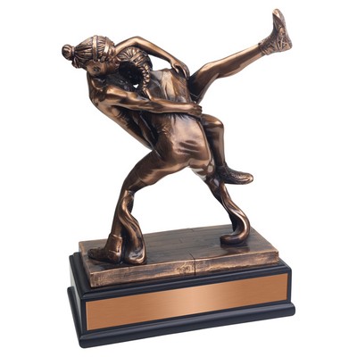 10" Antique Bronze Double Female Wrestlers Trophy on Black Wood Base