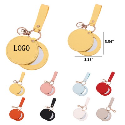 Round PU Leather Keychain Mirror